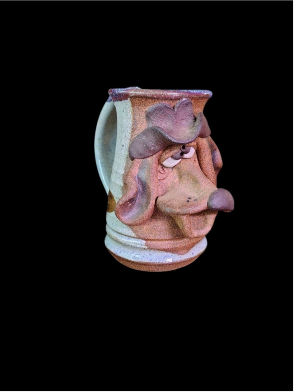 Vintage Mahon Made Stoneware 3D Pottery Hound Dog Face Mug Cowboy Hat Signed 8oz